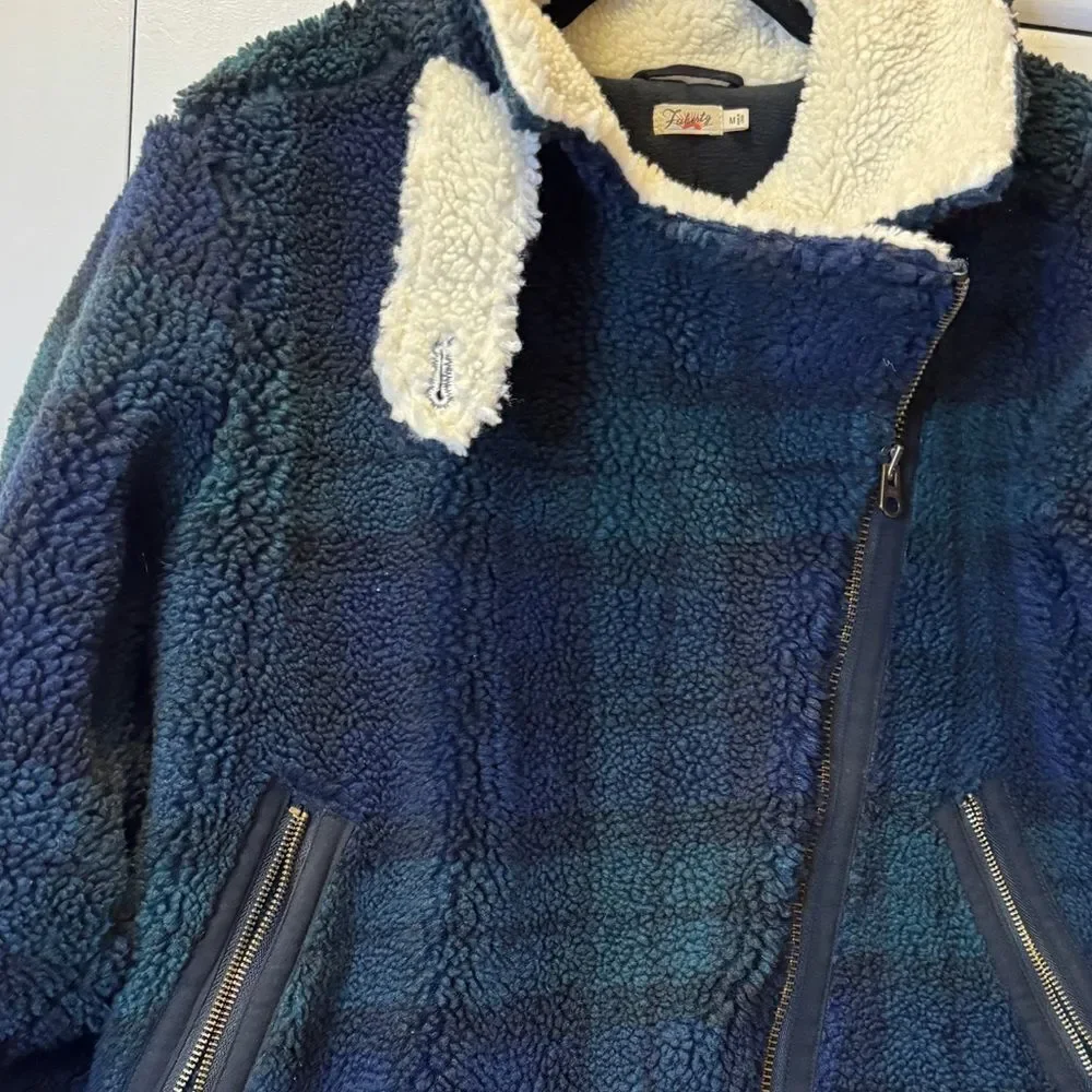 FAHERTY Montana Faux Shearling Plaid Asymmetric Zip Moto Coat Blue Sherpa Medium
